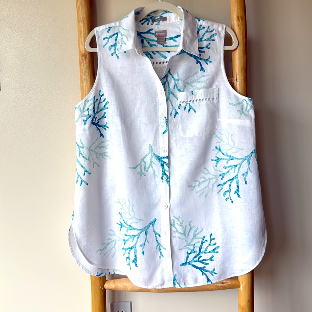 Chico’s Linen Coral Print Sleeveless Button-Down Tunic Size 2 or Women’s 12-14